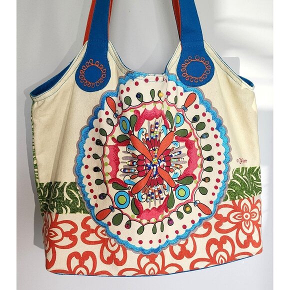 Kate McRostie Bohemian Ikat Canvas Tote Bag With Bead Accents & Multiple Pockets - Picture 2 of 6